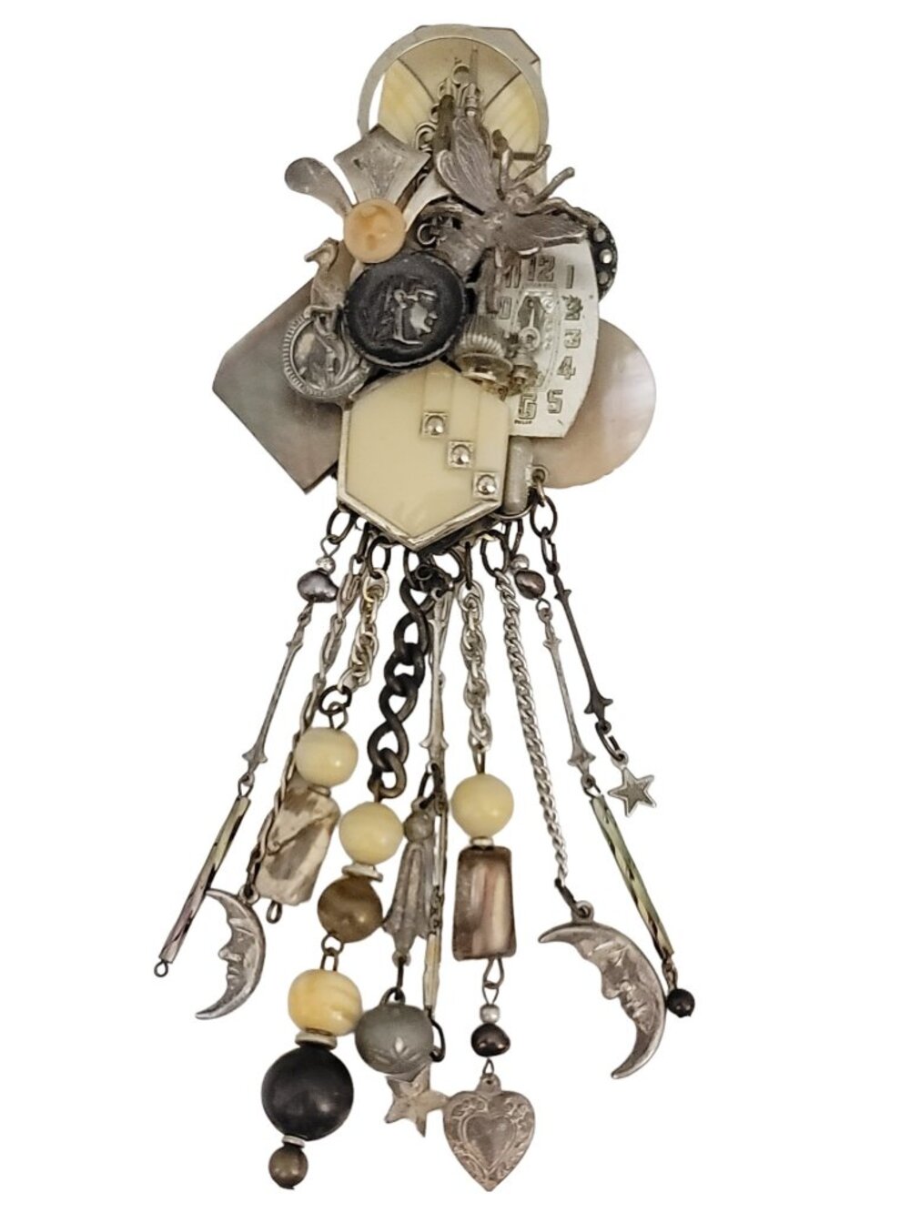 Lisa Carlson Artisan Steam Punk Multi Charm Chatelaine Brooch, Signed
